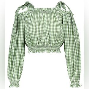 Green Gingham Off-Shoulder Crop Top